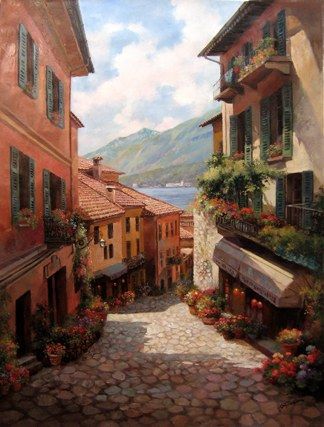 Unknown Artist Lake Como Italian Village by Paul Guy Gantner